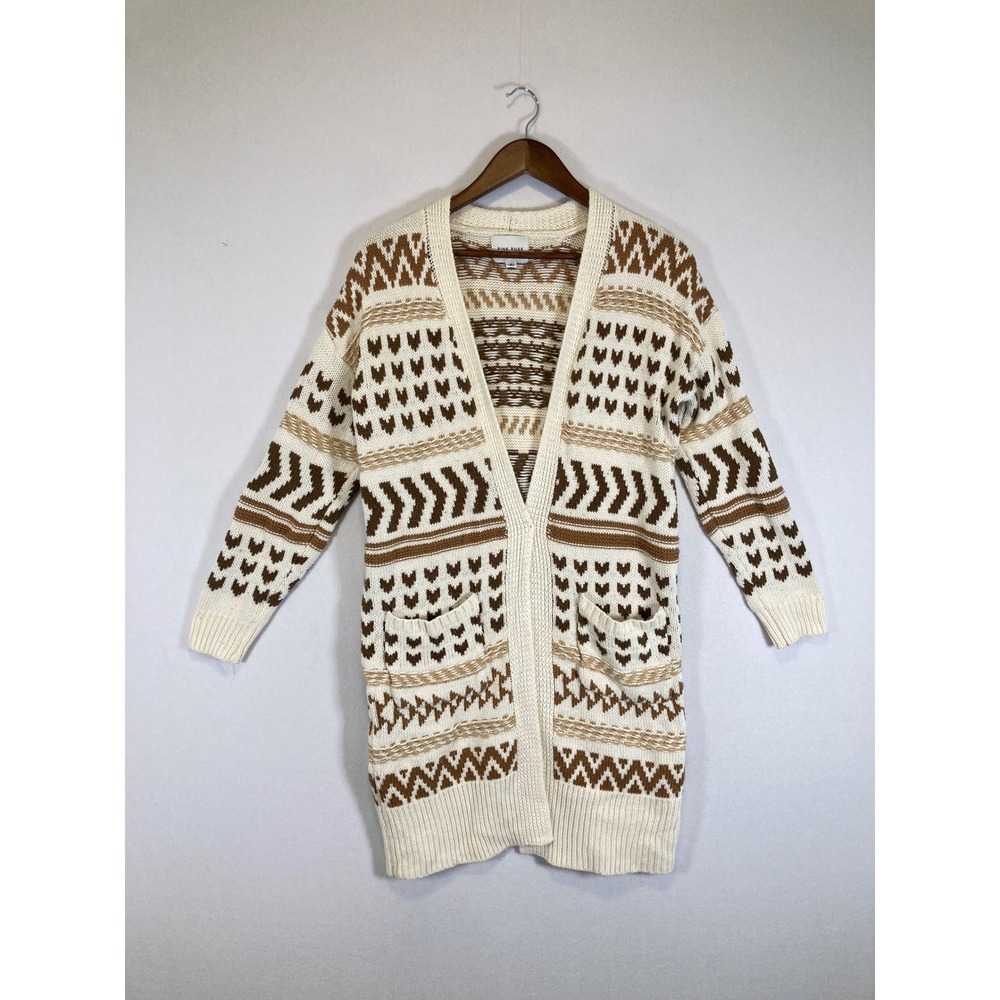 Boho Fair Isle Pink Rose Women Sm Cream Brown Geometric Longline Cardigan Pocket